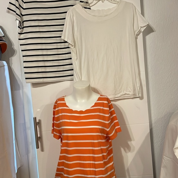 SET of 3 Talbots Tee, Women’s L, scalloped neck: Orange Black White striped - Picture 1 of 10